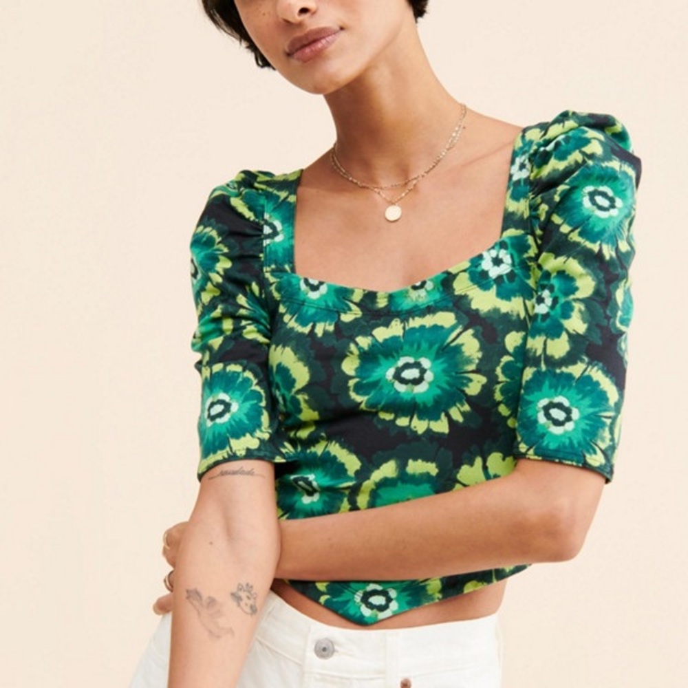 Sz XS Free People Give Me More Top green floral half puff sleeve square neck